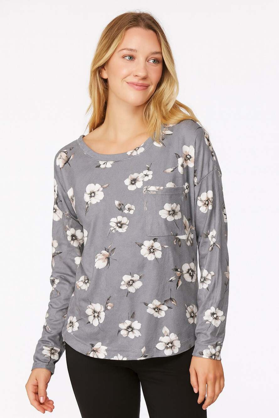 Tahari Women’s XL Floral Stretch Sleep Top – Soft Gray Lounge Shirt